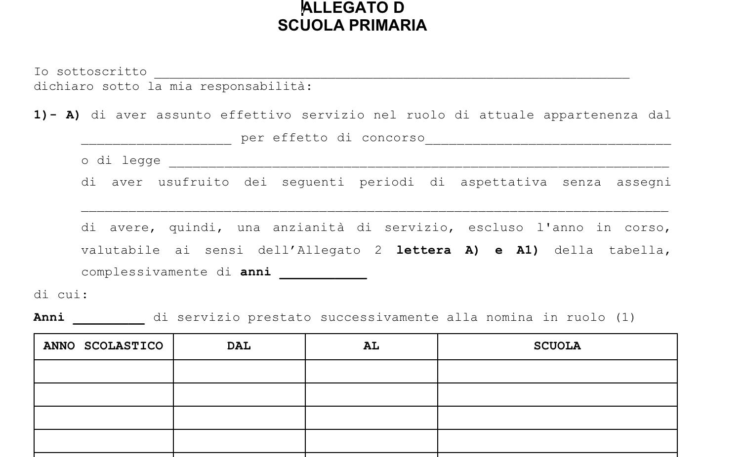 Modulo Allegato R Anzianità servizio nei passaggi di ruolo verso la secondaria, l ...